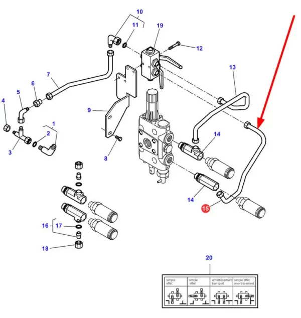 Oryginalny przewód hydrauliczny zaworów instalacji przedniego podnośnika, stosowana w ciągnikach marki Challenger oraz Massey Ferguson schemat.