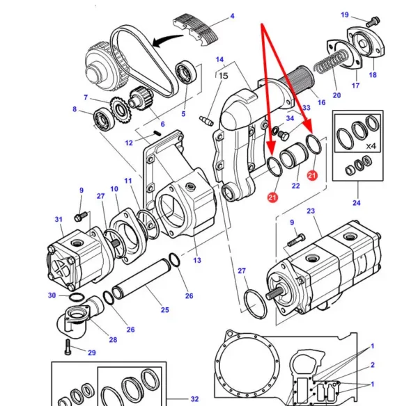 Oryginalny pierścień oring układu hydraulicznego o wymiarach  38 X 2,5 i numerze katalogowym 3800445M1, stosowany w ciągnikach rolniczych marki Massey Ferguson schemat.