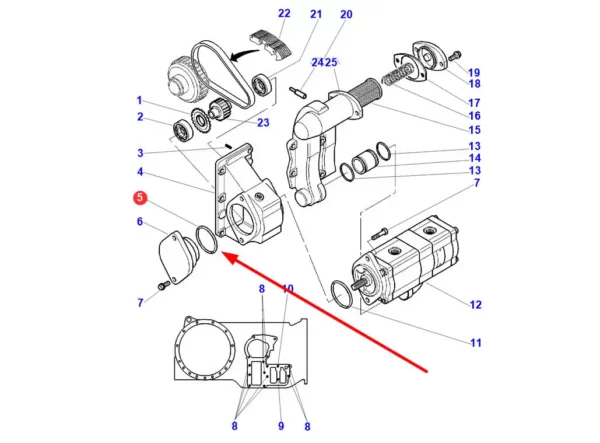 Oryginalny oring zaślepki przekładni pomy hydraulicznej o numerze katalogowym 3800447M1, stosowany w ciągnikach rolniczych marki Massey Ferguson schemat