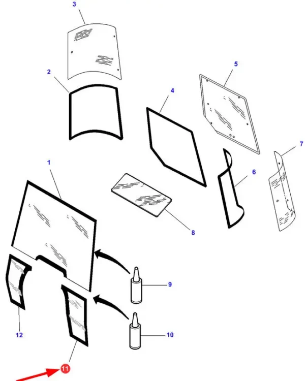Oryginalna szyba lewa o numerze katalogowym 3804553M2, stosowana w ciągnikach rolniczych marki Massey Ferguson- schemat.