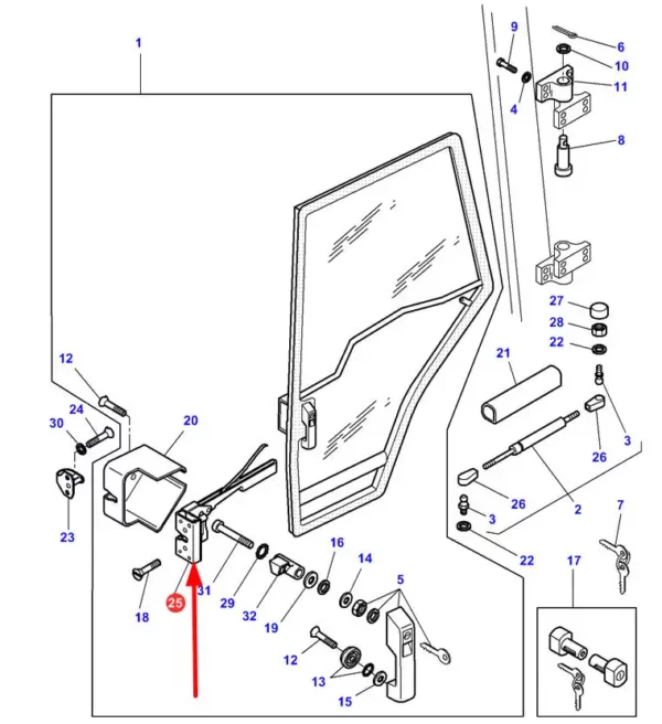 Oryginalny zamek drzwi, stosowany w maszynach rolniczych Challenger i Massey Ferguson. schemat