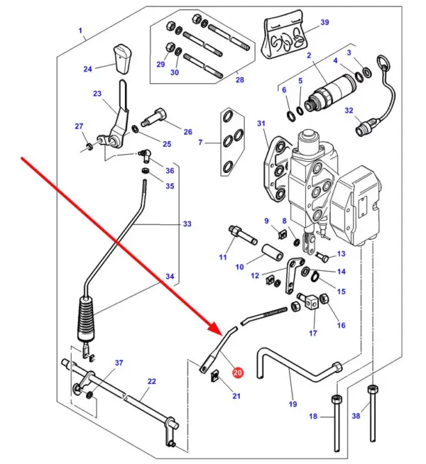 Oryginalna dźwignia sterowania zaworem hydraulicznym o numerze katalogowym 3805672M2, stosowana w ciągnikach rolniczych marki Massey Ferguson, Challenger schemat.