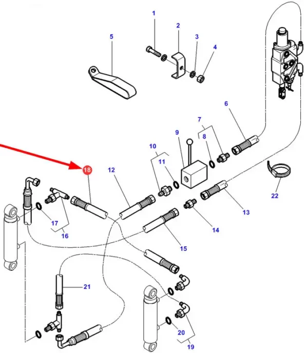 Orginalny przewód hydrauliczny gumowy o długości 320mm i numerze katalogowym 3813454M91, stosowany w ciągnikach rolniczych marki Massey Ferguson- schemat.