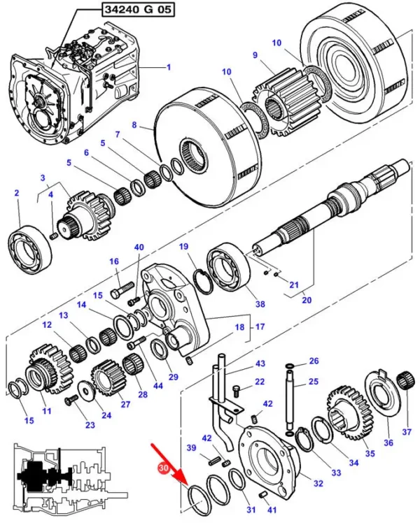 Oryginalny pierścień plastikowy skrzyni biegów o wymiarach 54 x 59 x 2 mm, numerze katalogowym 3815125M1, stosowany w ciągnikach rolniczych marki Massey Ferguson schemat.