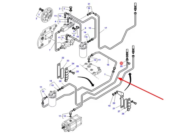 Oryginalny przewód hydrauliczny metalowy o numerze katalogowym 3816665M91, stosowany w ciągnikach marki Massey Ferguson. schemat