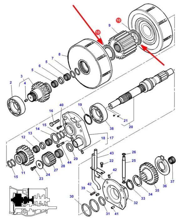 Oryginalne łożysko igiełkowe, wzdłużne, stosowane w skrzyniach  biegów, w ciągnikach rolniczych marki Massey Ferguson schemat.