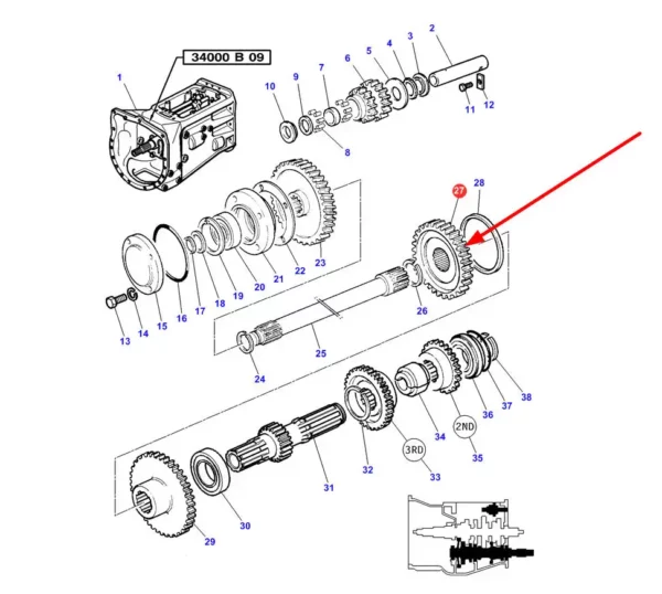 Oryginalne koło zębate skrzyni biegów o przełożeniach 18 x 6 i numerze katalogowym 3817360M1, stosowane w ciągnikach rolniczych Massey Ferguson. schemat