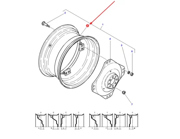 Oryginalna felga o numerze katalogowym 3817413M91, stosowana w ciągnikach rolniczych marki Massey Ferguson.-schemat