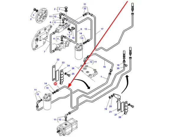 Oryginalny przewód filtra pompy hydraulicznej o numerze katalogowym 3818822M91, stosowany w ciągnikach rolniczych marki Massey Ferguson schemat.