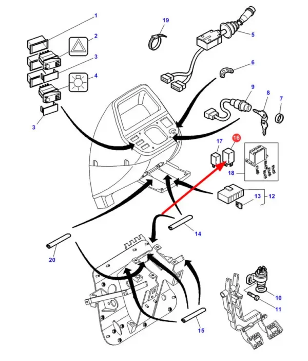 Oryginalny przekaźnik elektryczny, stosowany w ciągnikach rolniczych marki Massey Ferguson oraz Challenger. schemat