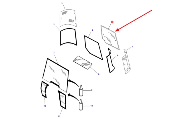 Oryginalna szyba tylna kabiny o numerze katalogowym 3821484M1, stosowana w ciągnikach rolniczych marek Massey Ferguson i Challenger. schemat