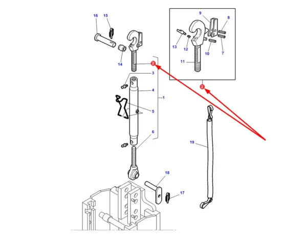Oryginalny hak górnego łącznika o numerze katalogowym 3900111M92, stosowany w ciągnikach rolniczych marek Massey Ferguson, Challenger i Valtra.-schemat
