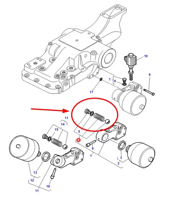 Oryginalny zestaw naprawczy zaworu hydrauliki skrzyni biegów, stosowany w ciągnikach rolniczych marek Massey Ferguson oraz Challenger schemat