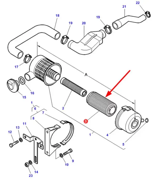 Oryginalny filtr powietrza zewnętrzny, stosowany w maszynach rolniczych marki Massey Ferguson. schemat