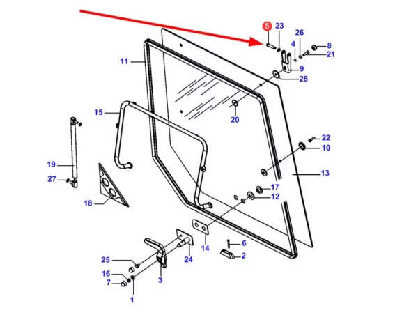 Oryginalny sworzeń szyby tylnej o numerze katalogowym 3902137M1, stosowany w ciągnikach rolniczych marek Massey Ferguson i Challenger. schemat
