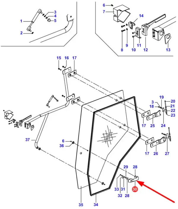 Oryginalna klamka od drzwi o numerze katalogowym 3902356M91, stosowana w ciągnikach rolniczych marki Massey Ferguson schemat.