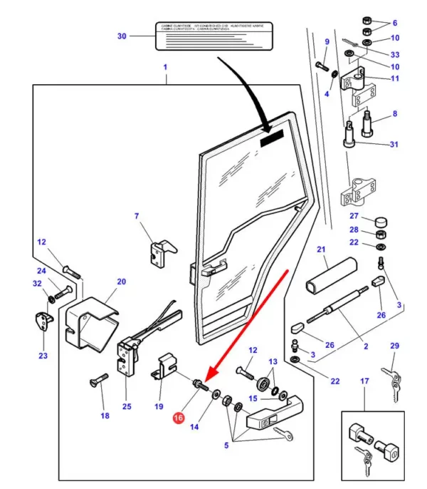 Oryginalna śruba specjalna zamka drzwi kabiny o numere katalogowym 3902368M1, stosowana w ciągnikach rolniczych marki Massey Ferguson schemat.