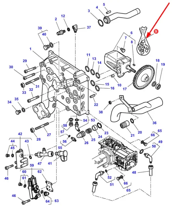 Oryginalny komplet pierścieni uszczelniających pompy hydraulicznej o numerze katalogowym 3902614M91, stosowany w ciągnikach rolniczych marek Massey Ferguson i Challenger schemat.