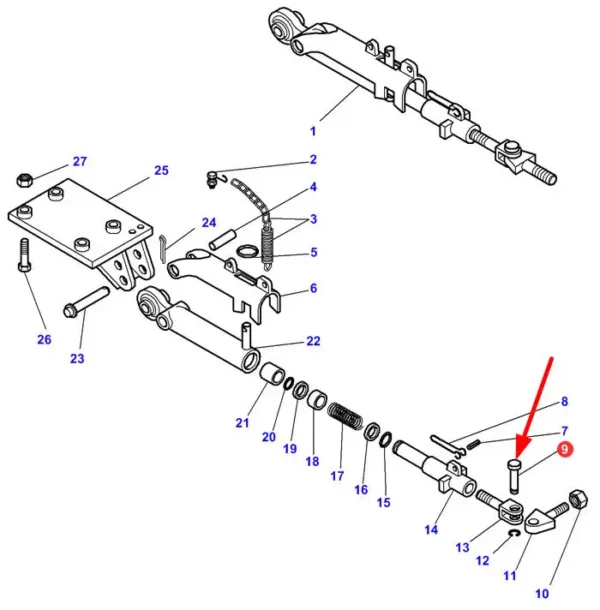 Oryginalny sworzeń ramienia stabilizacyjnego o numerze katalogowym 3902901M1, stosowany w ciągnikach rolniczych marki Massey Ferguson.-schemat