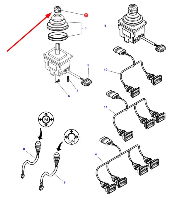 Oryginalna główka joysticka, stosowana w ciągnikach rolniczych marki Massey Ferguson. schemat