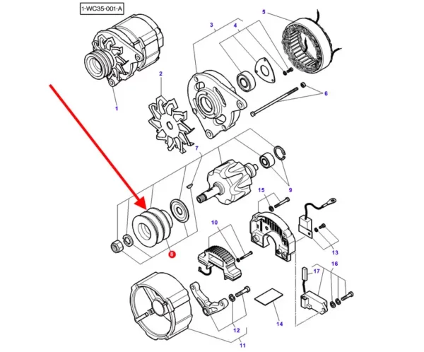 Oryginalne koło pasowe alternatora, stosowane w maszynach rolniczych marki Massey Ferguson. schemat