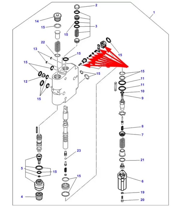 Oryginalny zestaw naprawczy rozdzielacza hydraulicznego o numerze katalogowym 3903864M91, stosowany w ciągnikach rolniczych marek Challenger oraz Massey Ferguson schemat.