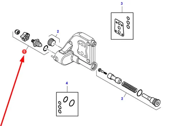 Oryginalny zestaw naprawczy zaworu gniazda hydraulicznego o numerze katalogowym 3906957M91, stosowany w ciągnikach rolniczych marki Massey Ferguson. schemat