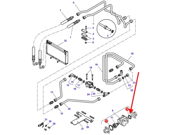 Oryginalny pierścień oring przewodów chłodzenia, stosowany w ciągnikach rolniczych marek Challenger oraz Massey Ferguson. schemat