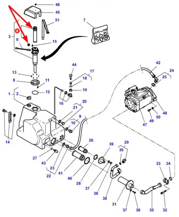 Oryginalny wkład filtra oleju hydrauliki wraz z filtrem odpowietrzającym, stosowany w maszynach rolniczych marki Massey Ferguson i Challenger. schemat