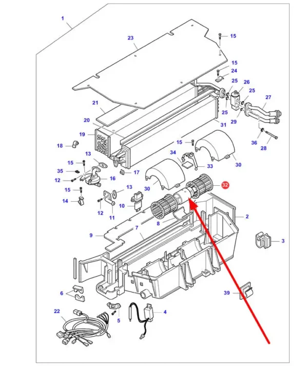 Oryginalny wentylator klimatyzacji montowany w kabinie o numerze katalogowym 3909575M91, stosowany w ciągnikach rolniczych marki Massey Ferguson, Challenger schemat.