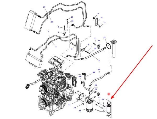 Oryginalny filtr paliwa silnika puszkowy o numerze katalogowym 3909638M1, stosowane w ciągnikach rolniczych marki Massey Ferguson. schemat
