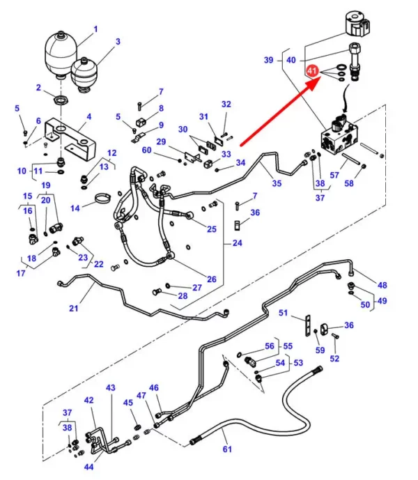 Oryginalny zestaw uszczelnień hydraulicznych przedniego zawieszenia o numerze katalogowym 3909721M91, stosowane w ciągnikach rolniczych marki Massey Ferguson schemat.