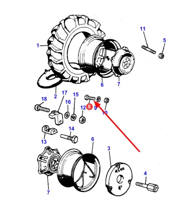 Oryginalna śruba o rozmiarze M16, stosowana w ciągnikach rolniczych marki Massey Ferguson. schemat