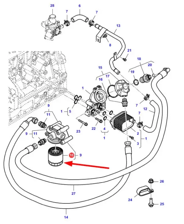 Oryginalny filtr oleju, stosowany w maszynach rolniczych marki Massey Ferguson. schemat