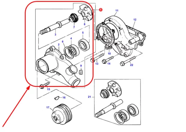 Oryginalna pompa cieczy chłodzącej, stosowana w ciągnikach rolniczych marek Challenger i Massey Ferguson schemat