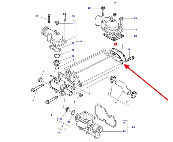 Oryginalna uszczelka papierowa pompy wody, stosowana w ładowarkach teleskopowych marki Massey Ferguson. schemat