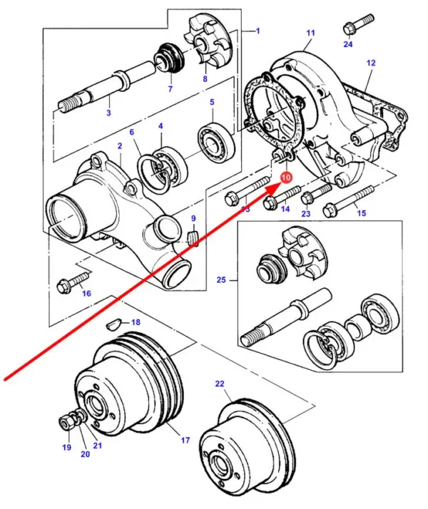 Oryginalna uszczelka pompy wody o numerze katalogowym 4222457M1, stosowana w ciągnikach rolniczych marki Massey Ferguson schemat.