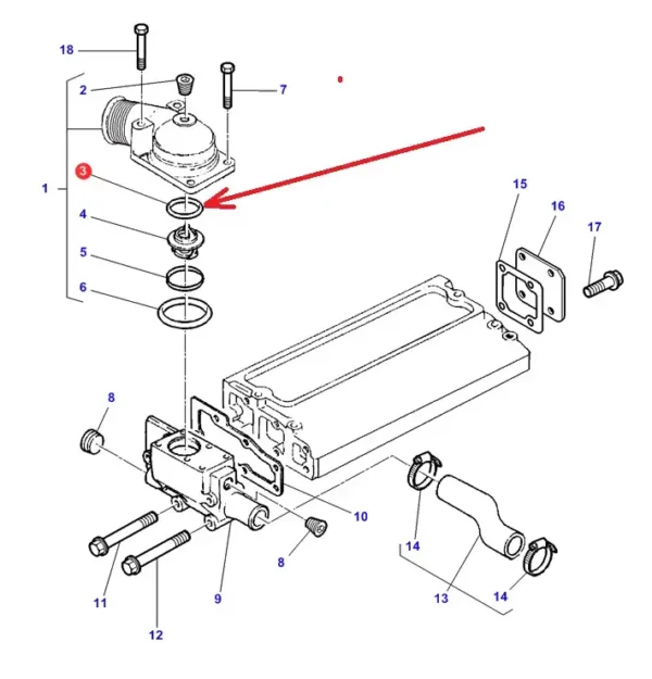 Oryginalny pierścień oring o wymiarach 59,5 x 3 mm i numerze katalogowym 4222848M1, stosowany w ciągnikach rolniczych i ładowarkach teleskopowych marki Massey Ferguson. schemat