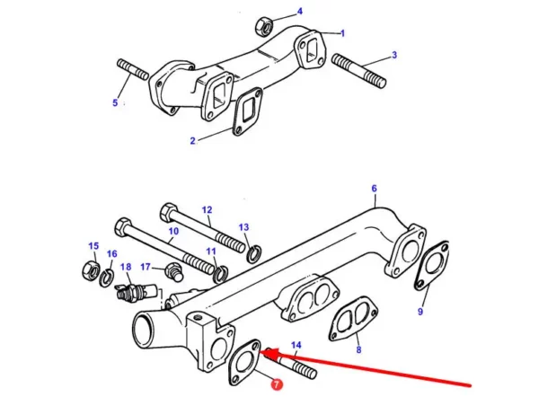 Oryginalna uszczelka kolektora wydechowego o numerze katalogowym 4222915M1, stosowana w ciągnikach rolniczych marki Massey Ferguson schemat