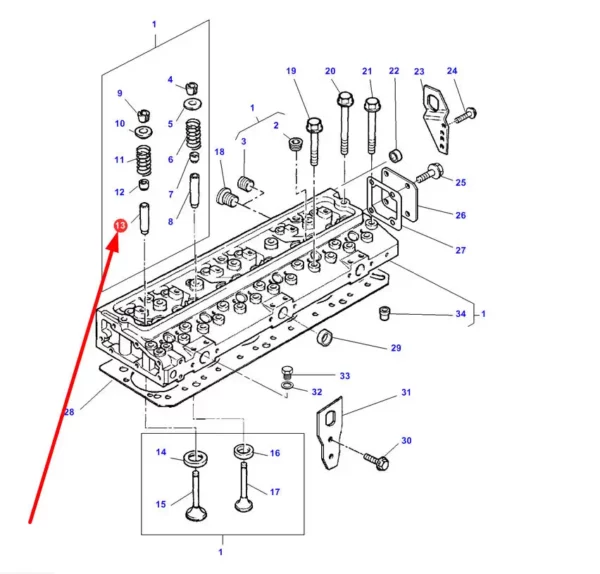 Oryginalna prowdnica zaworu o numerze katalogowym 4223581M1, stosowana w ciągnikach rolniczych marki Massey Ferguson schemat