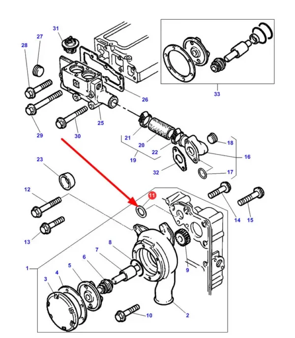 Oryginalny pierścień oring pompy wody o wymiarach 44,12 x 2,62 mm i numerze katalogowym 4223857M1, stosowany w ciągnikach rolniczych marki Massey Ferguson schemat.