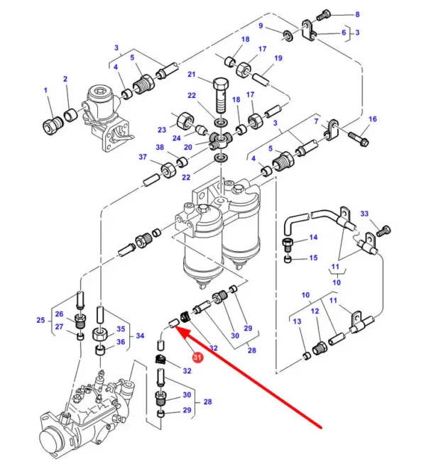 Oryginalny przewód paliwowy niskociśnieniowy o numerze katalogowym 4223885M1, stosowany w ciągnikach marki Massey Ferguson schemat.