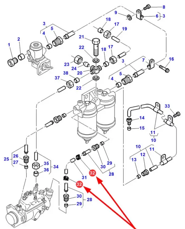 Oryginalny klips przewodów paliwowych o numerze katalogowym 4223886M1, stosowany w ciągnikach rolniczych marki Massey Ferguson. schemat