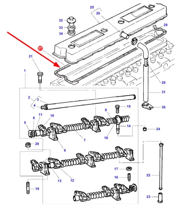 Oryginalna uszczelka pokrywy zaworowej o numerze katalogowym 4223927M1, stosowana w maszynach rolniczych marki Massey Ferguson schemat.