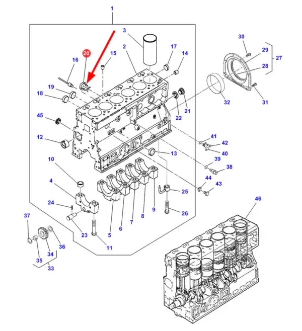 Oryginalna zaślepka bloku cylindra o numerze katalogowym 4224540M1, stosowana w maszynach rolniczych marki Massey Ferguson schemat.