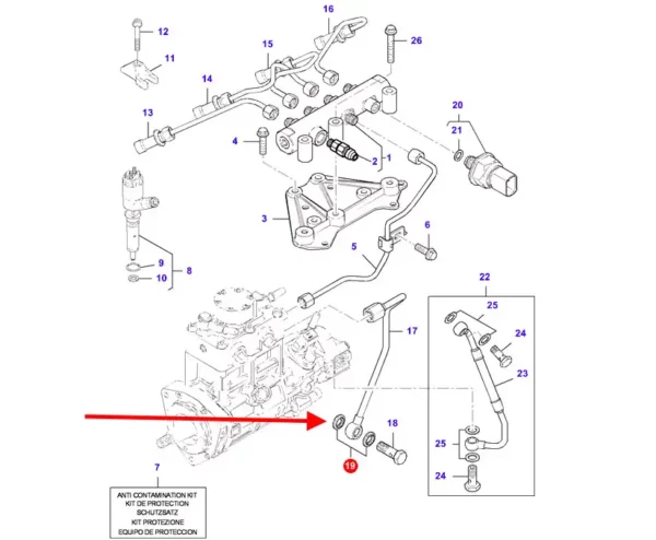 Oryginalna podkładka uszczelniająca układu wtryskującego paliwo, stosowana w maszynach rolniczych marki Massey Ferguson. schemat
