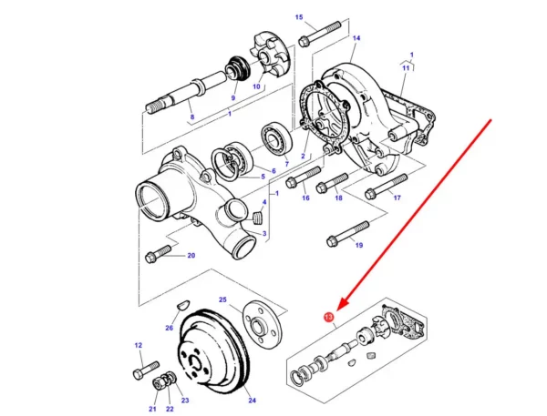 Oryginalna pompa wody o numerze katalogowym 4224688M91, stosowana w ciągnikach rolniczych marki Massey Ferguson. schemat