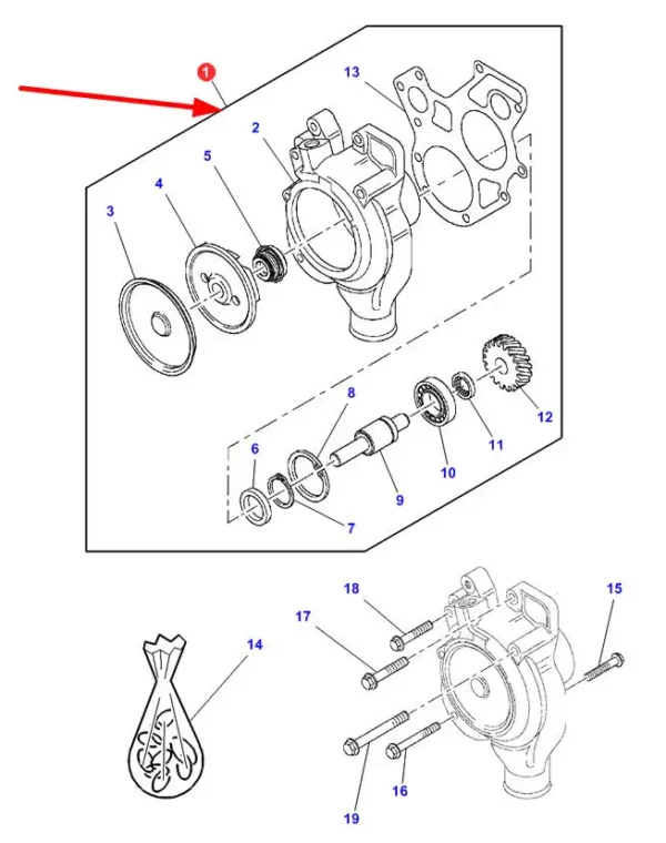 Oryginalna pompa wody o numerze katalogowym 4224708M91, stosowana w ciągnikach rolniczych marki Massey Ferguson schemat.