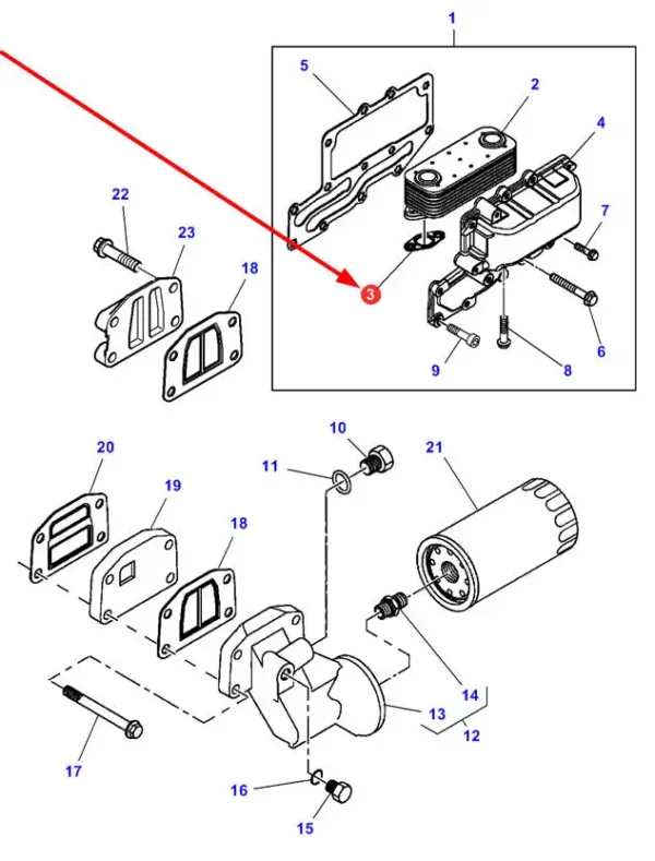 Oryginalna uszczelka chłodnicy oleju o numerze katalogowym 4224965M, stosowana w ciągnikach rolniczych i ładowarkach teleskopowych marki Massey Ferguson. schemat
