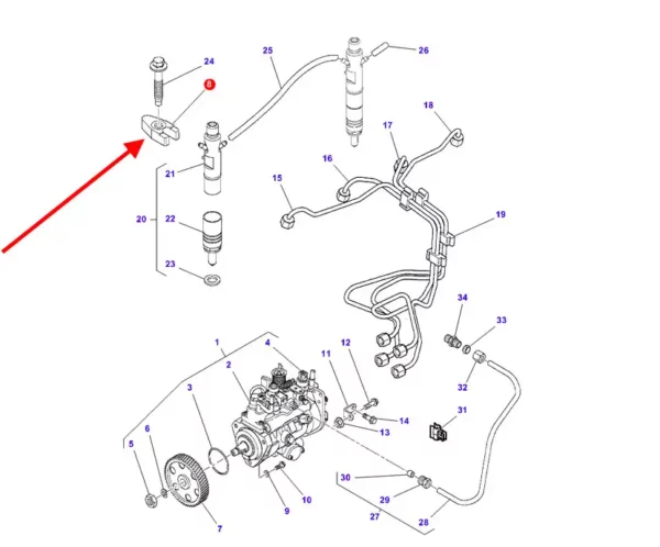 Oryginalny uchwyt wtryskiwacza Perkinsa, stosowany w maszynach rolniczych marki Massey Ferguson. schemat